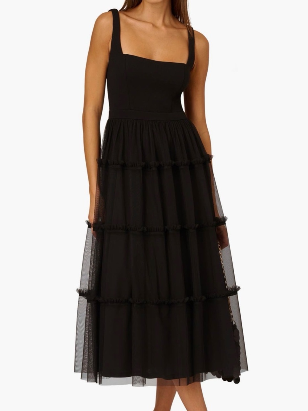 NWT Adrianna Papell Black Tiered Mesh Midi Dress